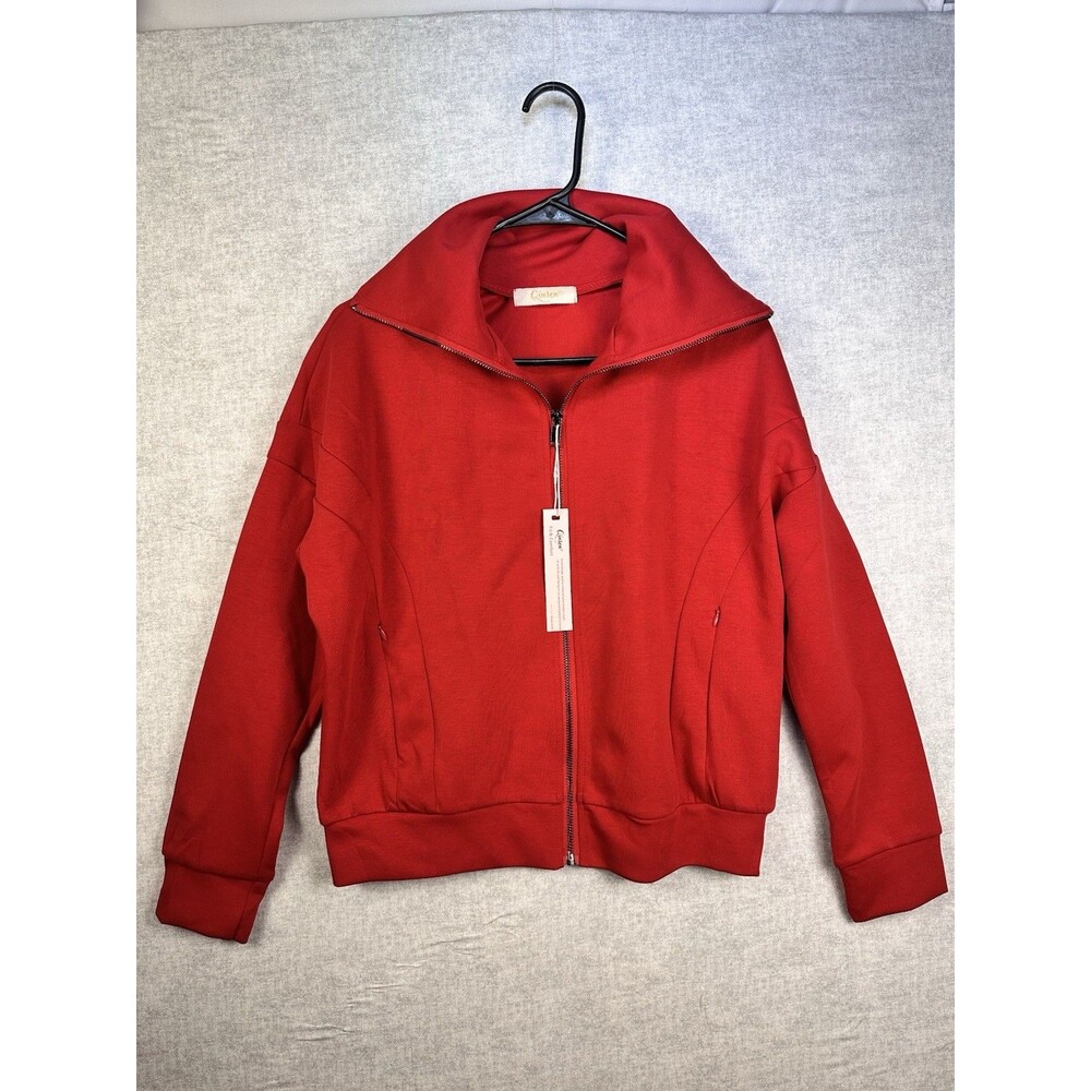 NWT QINSEN Women's Size Small Full Zip Red Warm Up Crop Jacket Active Stretch